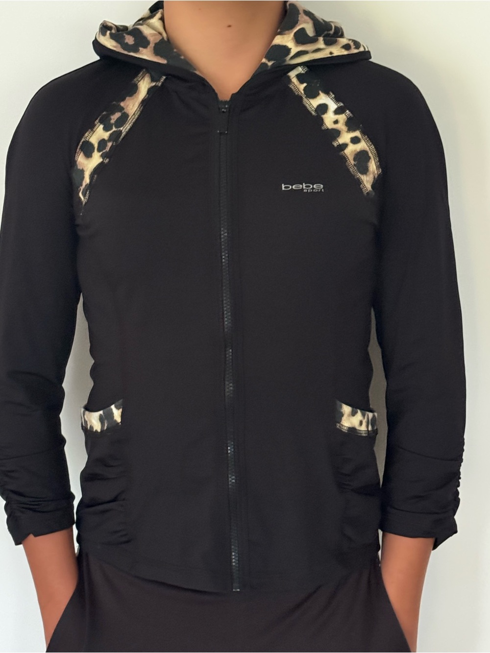 Y2K Bebe sport Women's Full Zip Hooded Jacket Pockets Black Leopard L/G